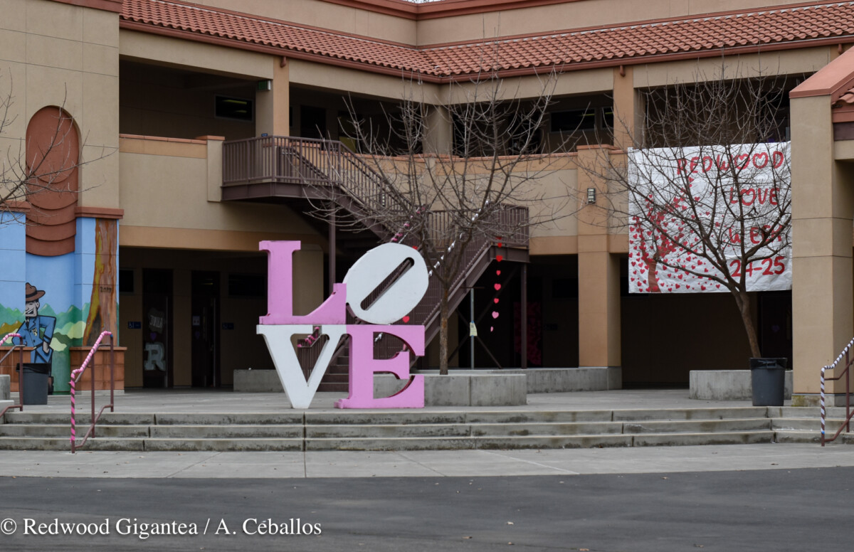 "Love" sign by the English academic building. The Redwood Love Week 24-25 sign hanging in the background.